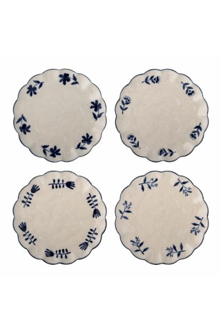 Set 4 farfurii din ceramică artizanală natur cu motive florale albastre pictate manual și margine albastră, 20,5×2 cm, "Eimy"