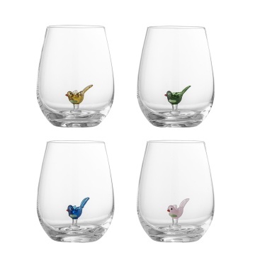 Set 4 pahare din sticlă suflată manual, transparente, cu decor de pasăre pictat, 9x12 cm, 560 ml, „Misa"
