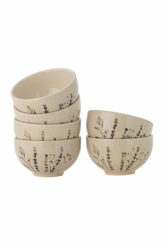 Set 6 boluri din ceramică, natur, cu ilustrații botanice pictate manual, 11.5x6.5 cm, „Bea"