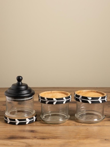Set borcane cu capac din lemn de mango, 3 borcane suprapuse din sticlă, negru și natur, model cu frunze albe, lucrat manual, 42 x 14 cm, „Sylve” - Img 8