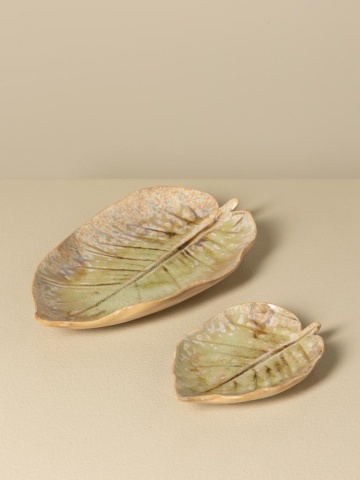Set de 2 farfurii decorative din ceramică artizanală, natur și verde, în formă de frunză, nervuri în relief, finisaj glazurat, 2 x 27 x 17 cm, „Nuance” - Img 3