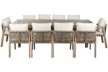 Set dining exterior din lemn de acacia, masă și 10 scaune cu perne și frânghie împletită, 11 piese, finisaj natural, „Roda”