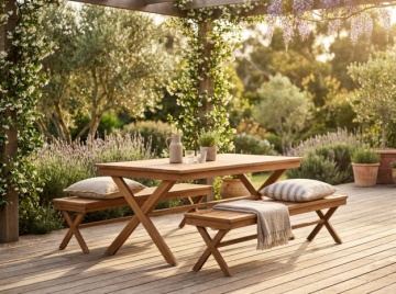 Set dining exterior din lemn masiv de tec, masă și 2 bănci, finisaj natural, „Marino” - Img 5