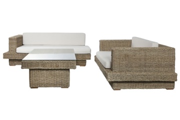Set lounge exterior din fibre naturale împletite și structura din lemn de tec cu 2 canapele, măsuță de cafea și perne, „Borneo”