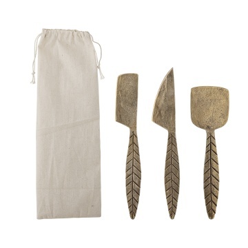 Set rustic de 3 cuțite pentru brânzeturi din metal cu model vegetal, finisaj alamă antichizată, 19×5 cm, „Citra” - Img 2