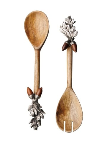 Set tacâmuri pentru salată din lemn de mango și aluminiu argintiu, lingură și furculiță, mânere cu frunze de stejar și ghinde, finisaj patinat, 29 x 8 cm, „Silva”