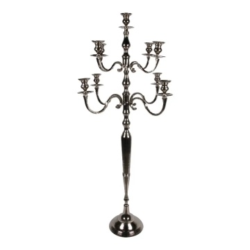 Sfeșnic de podea din aluminiu, argintiu, candelabru înalt cu 9 brațe, pentru lumânări lungi, finisaj nichelat, 182 x 80 cm, „Opéra”