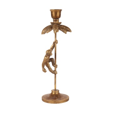 Sfeșnic din polirășină, auriu, cu maimuță pe trunchi de palmier, pentru lumânare lungă, finisaj antichizat, 31 x 12 x 11 cm, „Coco”