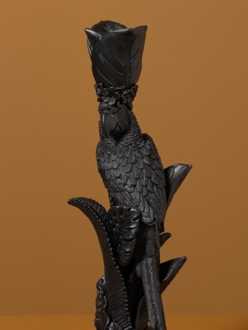 Sfeșnic din rășină cu papagal și frunze sculptate, negru antichizat, finisaj patinat, 32,5×10,5 cm, „Perroquet" - Img 5