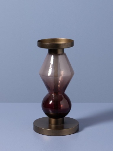 Sfeșnic din sticlă și metal, vișiniu-auriu antichizat, structură sculpturală etajată, finisaj patinat, 23×12 cm, „Astrolab" - Img 3