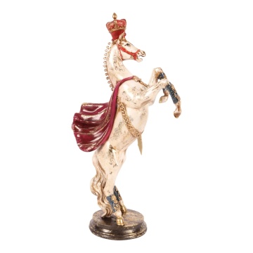 Statuetă decorativă din polirășină, crem și roșu, cal cabrat cu coroană și mantie roșie, finisaj antichizat, 40 x 22 x 11 cm, „Majesté”