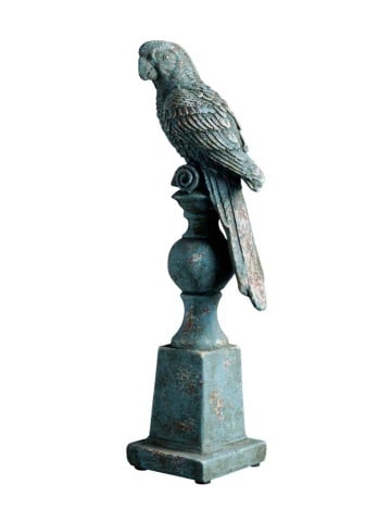Statuie decorativa papagal pe suport din rășină, finisaj albastru antichizat, H37 cm