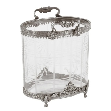 Suport lumânare din sticlă decorată manual și alamă, argintiu, oval, cu mânere și margine ornamentată, aspect vintage, finisaj antichizat, 19 x 15 cm, „Bérangère”