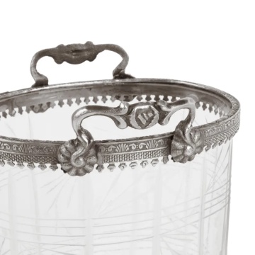 Suport lumânare din sticlă decorată manual și alamă, argintiu, oval, cu mânere și margine ornamentată, finisaj antichizat, 19 x 15 cm, „Bérangère” - Img 2