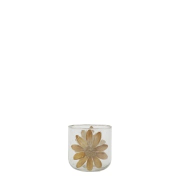 Suport lumânare din sticlă transparentă, lucrat manual, cu flori uscate, 8x8 cm, „Fleurette"