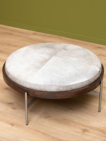 Taburet din piele de vacă gri și lemn de mango maro, cu structură din metal, formă rotundă, 42×96 cm, „Hike" - Img 4