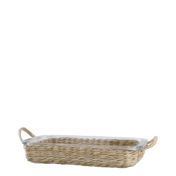 Tavă din sticlă termorezistentă pentru cuptor cu suport din răchită, 34.5×21 cm