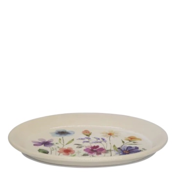 Tavă pentru ghiveci din ceramică cu flori de câmp, crem, H2,5/L25 cm, „Fleurville”