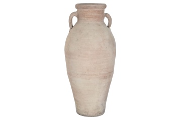 Vas decorativ amforă din teracotă artizanală, finisaj craft roz-crem, cu 2 anse, 40×40×98 cm, „Jerba"