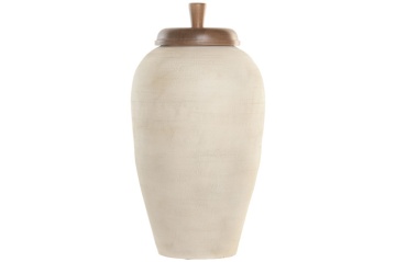 Vază decorativă tip tibor, stil rustic natural, culoare teracotă cu blat natur, din lemn de mango, „Tibor”