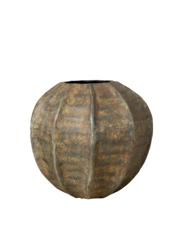 Vază din aluminiu cu nervuri verticale, maro-verde, formă rotundă, finisaj patinat, 22×24 cm, „Hull"
