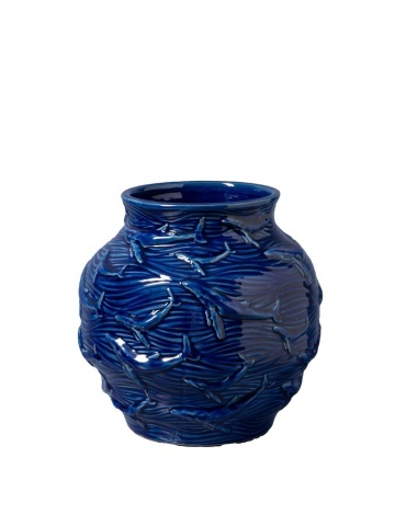 Vază din ceramică albastră, mică, cu balene și valuri în relief, 20,5 x Ø 20,5 cm, „Azula”