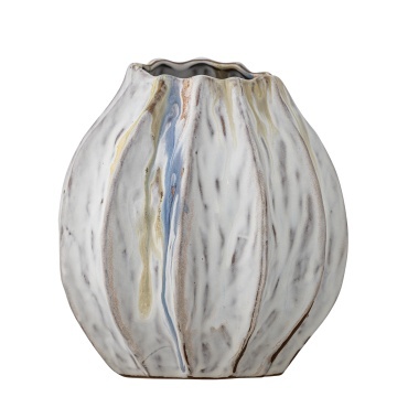 Vază din ceramică, natur, formă sculpturală cu falduri verticale și margine neregulată,18 x 17 cm, „Feray” - Img 3