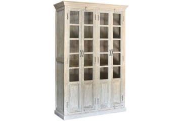 Vitrină mare din lemn masiv de mango cu 4 uși vitrate și 3 rafturi, finisaj décapé alb, 135×50×210 cm, „Vendôme" - Img 3