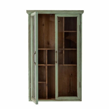Vitrină mică de perete vintage shabby chic din lemn, verde, cu 2 uși vitrate, 6 rafturi și 9 compartimente, 80 x 50 x 13,5 cm, „Hazem”
