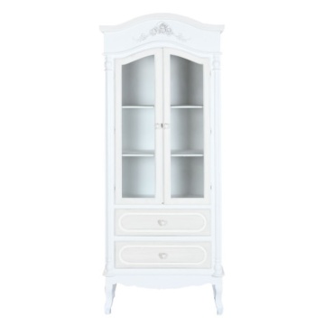 Vitrină shabby chic din lemn, alb, cu 2 uși vitrate, 3 rafturi, 2 sertare și decor cu trandafiri, finisaj patinat, 193 x 76 x 39 cm, „Magnolia”