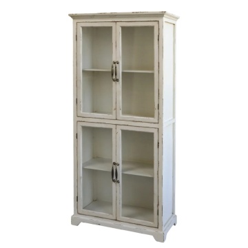Vitrină shabby chic din lemn cu 4 uși vitrate, finisaj crem antichizat, 4 rafturi, 156×73×33 cm, „Provence"