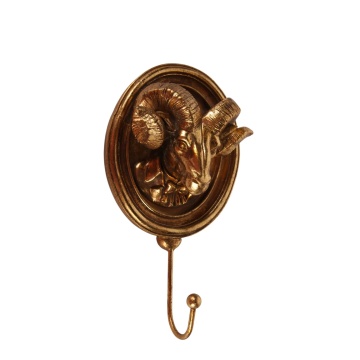 Agățătoare de perete din polirășină, auriu, model cap de berbec, finisaj antichizat, 19 x 11 x 5,5 cm, „Bélier”