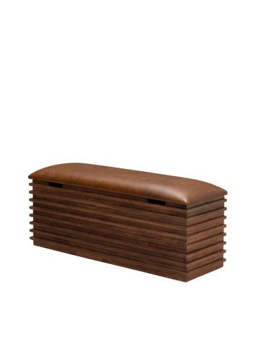 Banchetă din piele naturală cu structură și spațiu de depozitare din lemn de acacia, maro antichizat, finisaj lucios, 110×40,5×36 cm, „Leya"