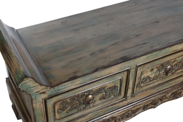 Banchetă orientală sculptată din lemn de ulm, finisaj antichizat multicolor, 4 sertare, 179 x 43 x 58 cm, „Ming" - Img 2