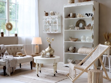 Bibliotecă shabby chic din lemn cu finisaj antichizat crem, 5 rafturi, 106×39×200 cm, „Violette" - Img 3