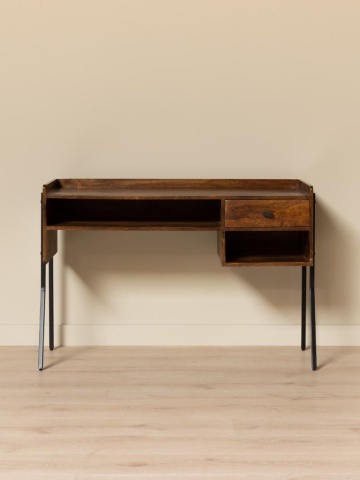Birou vintage din lemn de mango și metal, cu blat maro antichizat, 1 sertar și picioare din metal negru, finisaj satinat, 117.5×50×80.5 cm, „Flow" - Img 2