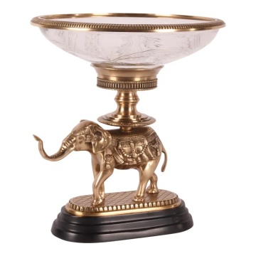 Bol decorativ din sticlă și alamă, auriu, pe picior în formă de elefant împodobit, 40 x 35 cm, „Maharaja”