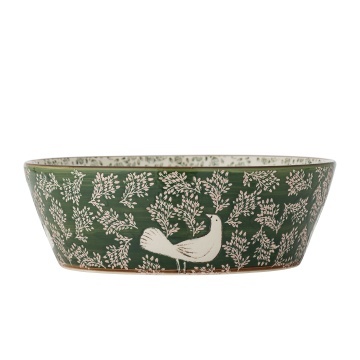 Bol din ceramică cu păsări lila și motive florale verzi pictate manual, 28×9 cm, „Hezha" - Img 3