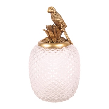 Borcan decorativ din sticlă și polirășină, auriu, în formă de ananas, cu capac cu papagal, 28,5 x 15 cm, „Perroquet”