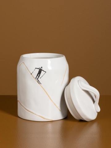 Borcan din ceramică albă cu motive de iarnă pictate manual, 19,5 × 12 cm, „Slalom" - Img 3