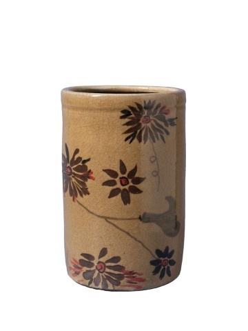 Borcan din ceramică artizanală natur cu capac, motive florale și păsări pictate manual, maro și roșu, 22,5 × 13,5 cm, „Campana"