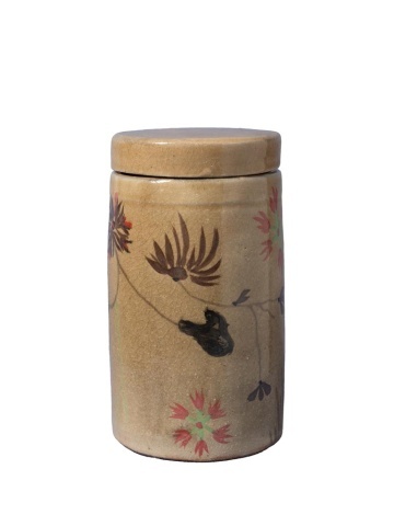 Borcan din ceramică artizanală natur cu capac, motive florale și păsări pictate manual, maro și roșu, 22 × 12 cm, „Campana"