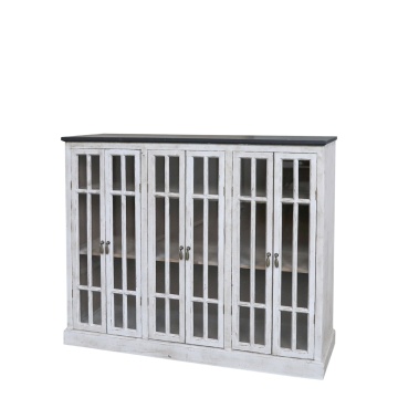 Bufet cu uși vitrate vintage shabby chic din lemn de pin, natur, cu 6 uși, 6 rafturi și blat negru, 100 x 123 x 35 cm, „Ménerbes”