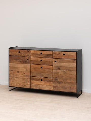 Bufet rustic din lemn de pin, natur și negru, cu 2 uși, 6 sertare și cadru din metal negru, stil industrial, 91 x 146 x 40 cm, „Utah” - Img 3