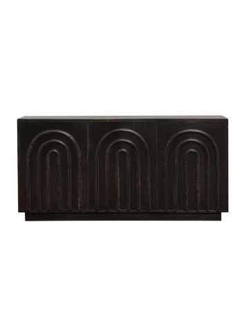 Bufet vintage din lemn de mango, negru, cu 3 uși cu arcade concentrice în relief și soclu retras, 78 x 160 x 40 cm, „Noë”