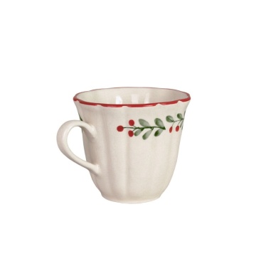 Cană de Crăciun din ceramică, alb, cu frunze și merișoare pictate manual, margine ondulată, 9,5 x 10,5 cm, „Esther Lingonberry” - Img 2