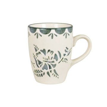 Cană din ceramică artizanală, natur, cu motive florale pictate manual verde și bordură decorativă, cu mâner, 10×10 cm, „Marion"