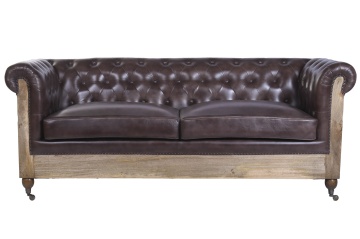 Canapea 2 locuri Chesterfield din piele naturală maro închis, cu cadru din lemn de mango la vedere și picioare pe roți, 80 x 190 x 77 cm, „Cassis”
