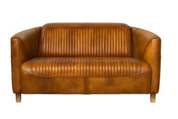 Canapea 2 locuri din piele naturală, cognac, aspect vintage, Pilot, 125 x 86 x 68 cm