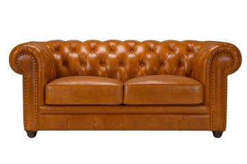 Canapea Chesterfield 2 locuri din piele naturală full grain maro, 180×97×75 cm, „Classic Chic"